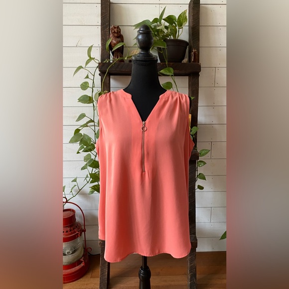 Apt. 9: Peach Pink V Neck Blouse with Zipper Opening - Picture 14 of 17